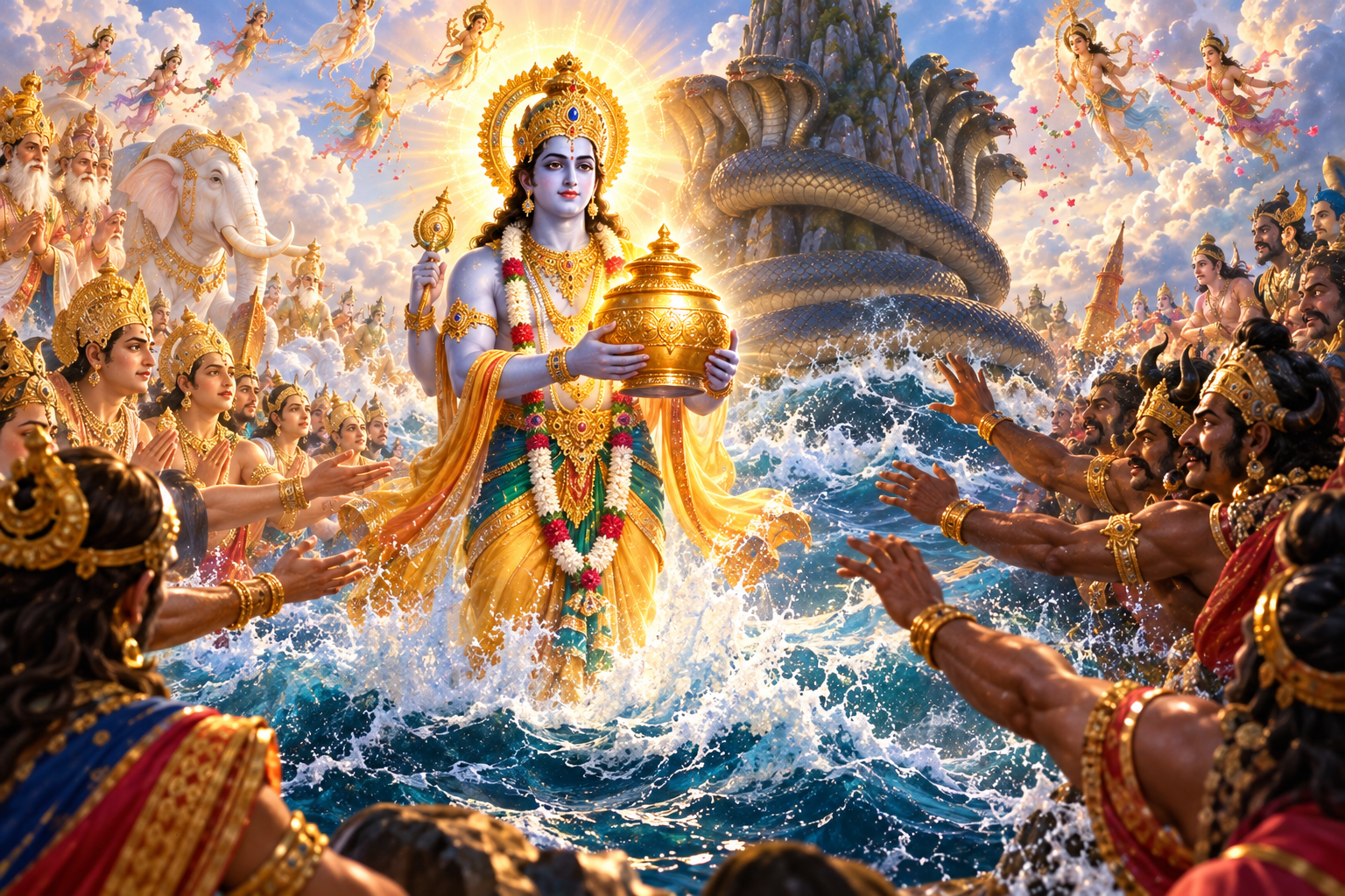 Dhanvantari emerging with the Amrit Kumbh