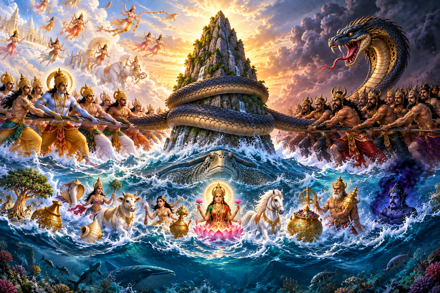 Devas and Asuras performing Samudra Manthan with Mount Mandara and Vasuki